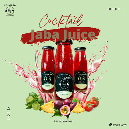 Red bottles of Jaba Juice with fruit ingredients on a green background