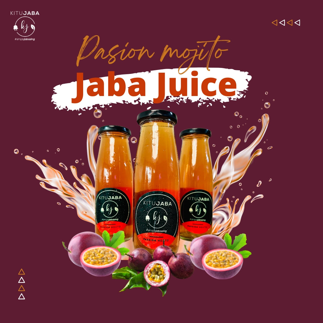 Jaba Juice bottles with passion fruits on a purple background