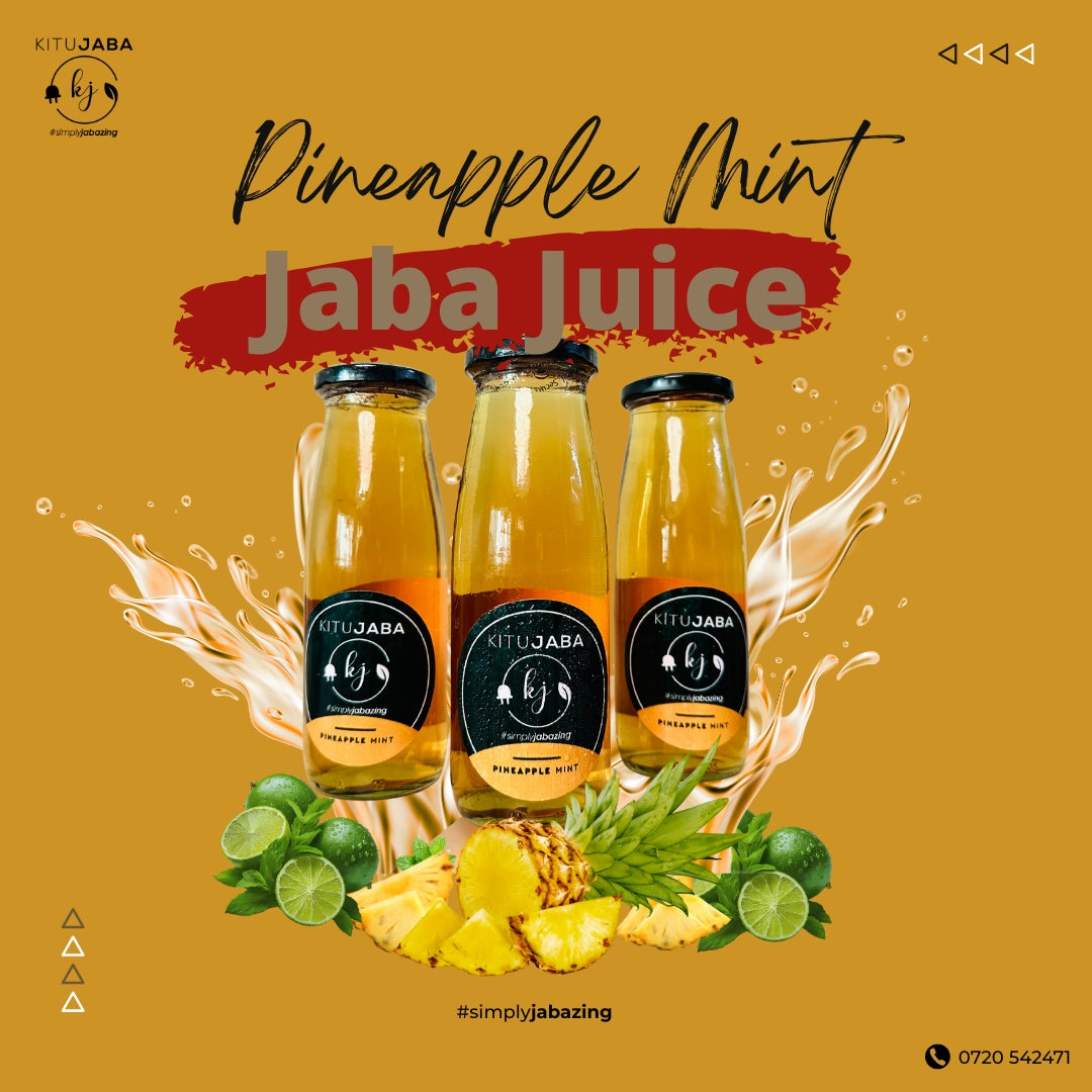 Three bottles of Pineapple Mint Jaba Juice on a yellow background with juice splashes and fresh pineapple and mint leaves.