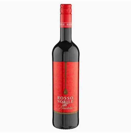 Red wine bottle with a red label on a white background