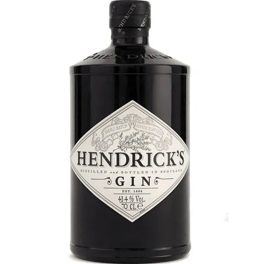 A bottle of Hendrick's Gin with a black label and a diamond shape logo.